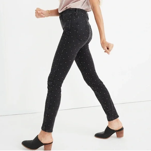 Madewell 10" High Rise Skinny Jeans Faded Black with Gold Polka Dots - Picture 1 of 6